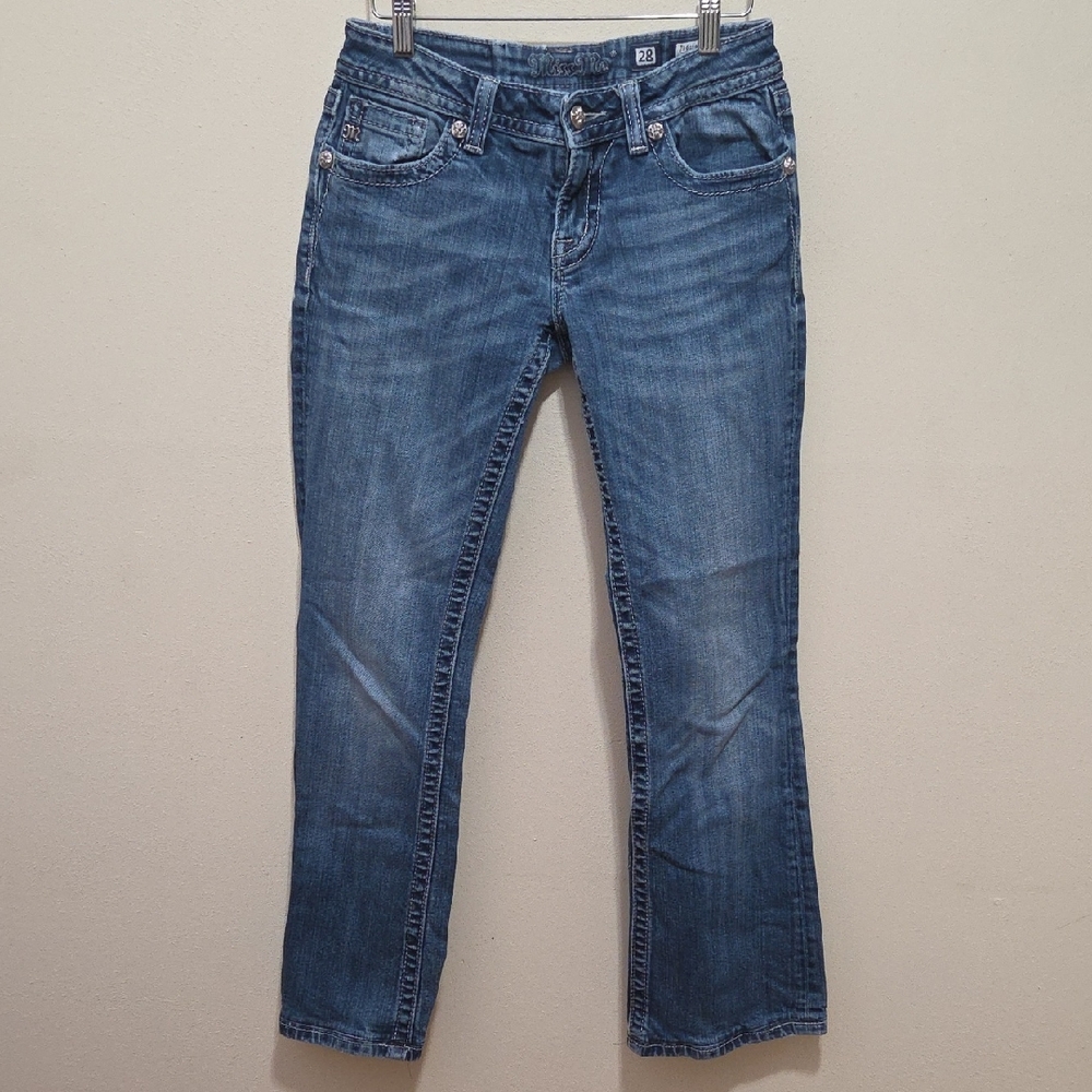 Miss Me Jeans Womens 28 Boot Cut Medium Wash Jeans Jeweled Pockets JP6114B